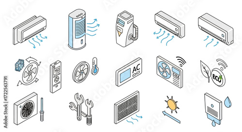 Isometric air conditioning system icons set.