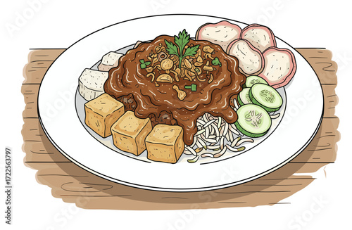 Detailed Hand Drawn Tofu and Vegetable Gravy Traditional Asian Food Dish