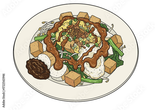 Hand Drawn Indonesian Gado Gado Salad with Peanut Sauce Illustration