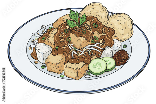 Detailed Line Art Tofu Culinary Dish with Peanut Sauce Illustration