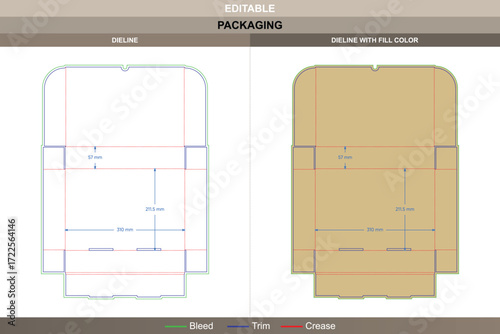 Flip top box packaging template in custom dimensions with easy open design featuring professional carton dieline and editable die line for production accuracy