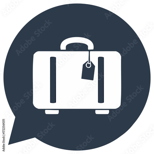 Stylized white suitcase with tag inside a dark blue speech bubble icon