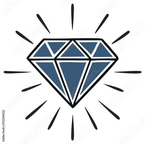 Shiny Blue Diamond Sketch with Light Rays, Drawn Jewel Illustration