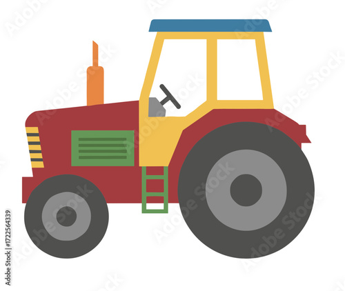 Flat Simple Tractor Vehicle Illustration, Modern Farm Agricultural Machine Design