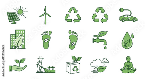 Eco-friendly green icons set renewable energy, sustainability, and nature illustration