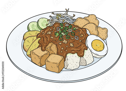 Detailed Handdrawn Gado-Gado Indonesian Salad with Peanut Sauce Illustration