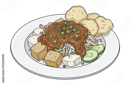 Delicious Handdrawn Tofu Vegetable Peanut Sauce Indonesian Food Illustration