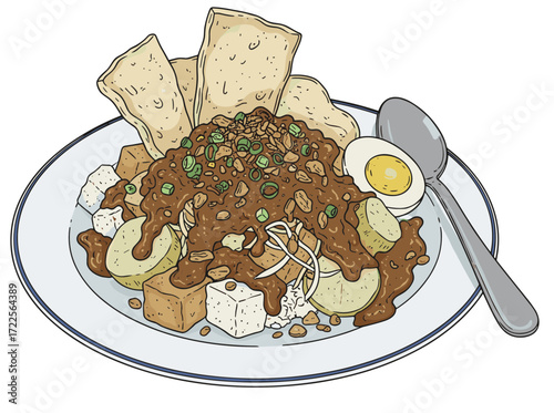Detailed Line Art Gado Gado Indonesian Salad Dish Culinary Illustration