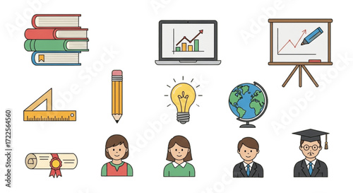 Educational icon set representing learning and knowledge with symbols like books, laptop, and graduation cap