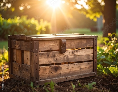 Rustic Wooden Crate in a Garden Setting