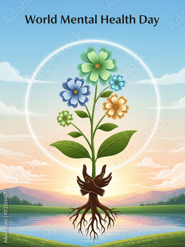 World Mental Health Day illustration with flowers of hope and support.