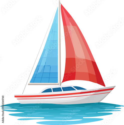 Illustration of a classic sailing yacht with colorful sails on the water, symbolizing a sea voyage, summer vacation, and recreational sport