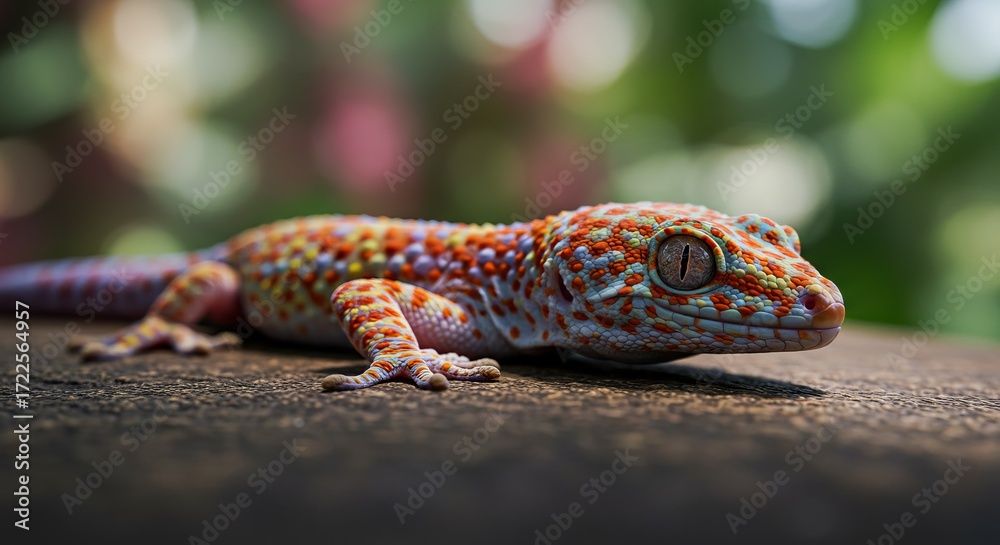 Fototapeta premium Colorful gecko lizard with vibrant skin resting on wood in lush natural setting