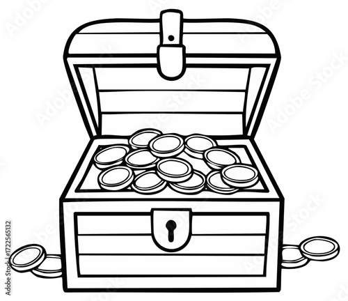 Open treasure chest filled with gold coins in black and white outline illustration for coloring book