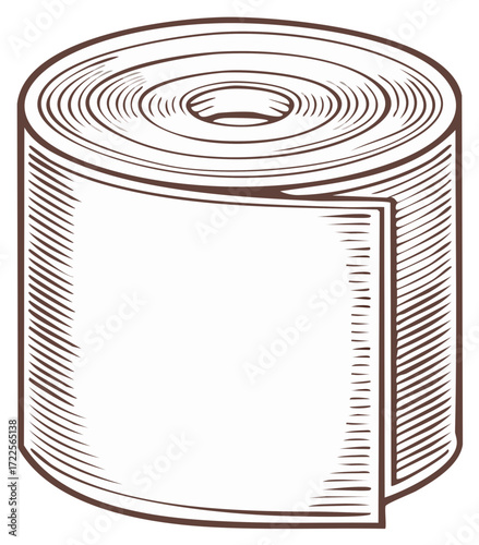 Toilet paper roll illustration in a classic vintage woodcut or engraving style