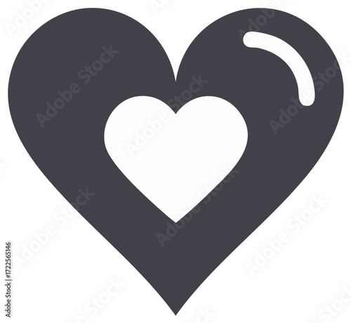 Simple grey heart icon with an inner white heart and glossy highlight symbol of love romance and valentine