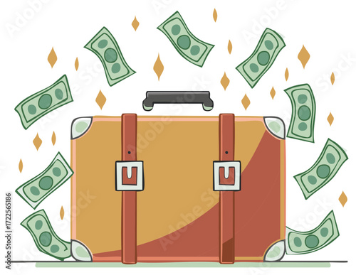 Vintage Suitcase Overflowing with Falling Money and Sparkles