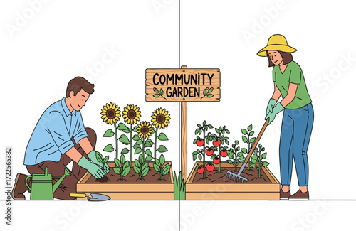 People gardening together in community garden, planting vegetables, growing sunflowers, teamwork, sustainable farming, organic gardening, eco friendly lifestyle illustration