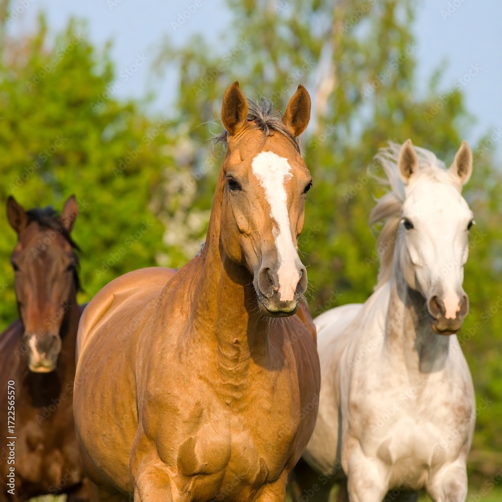 Obraz premium Three horses running in a field