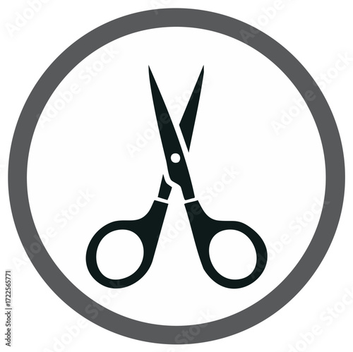 Simple black scissors icon inside a gray circle. Vector graphic symbol for cutting.