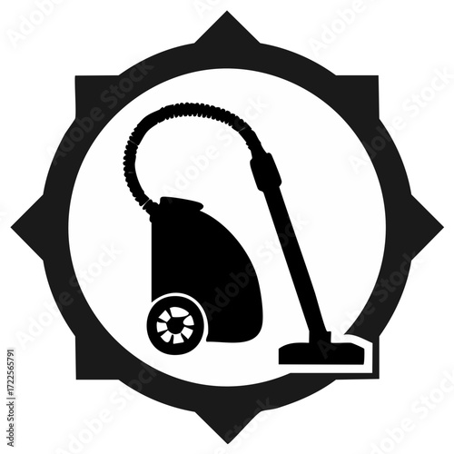 Black Silhouette of a Vacuum Cleaner with Hose and Wand Inside a Decorative Circular Emblem