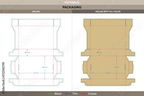 Flip top box packaging template with lock inserts in custom dimensions featuring professional carton dieline and editable die line for carton production