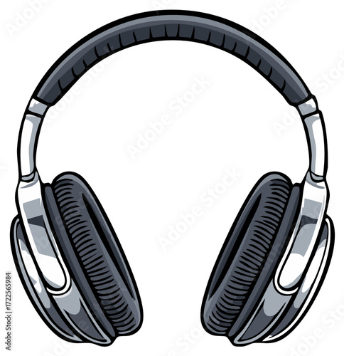 Grayscale cartoon illustration of modern over ear headphones for music and audio