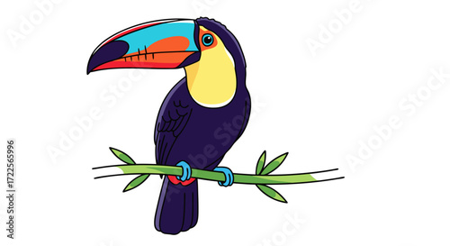 A colorful toucan bird perched on a branch.