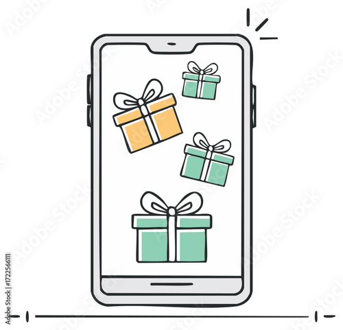 Smartphone displaying various colorful gift boxes for online shopping and digital rewards concept