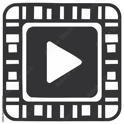 Play button icon inside film reel frame. Movie, video, media concept. Simple black and white design.