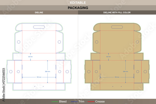 Flip top box packaging template with rope handle design in custom dimensions featuring professional carton dieline and editable die line for carton production