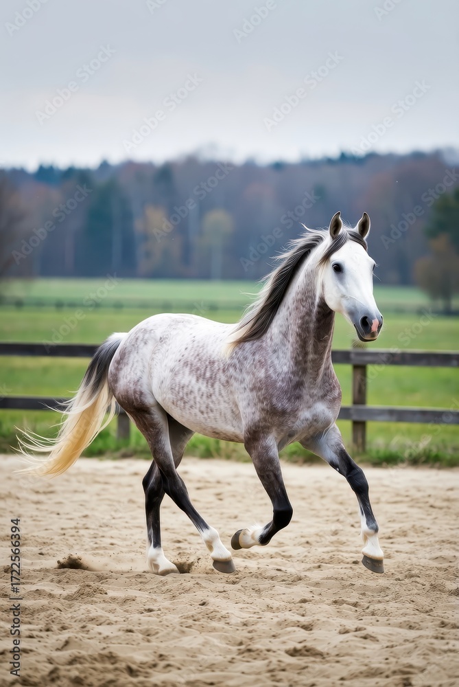 Obraz premium Graceful grey horse trotting in a serene outdoor arena nature photography tranquil landscape