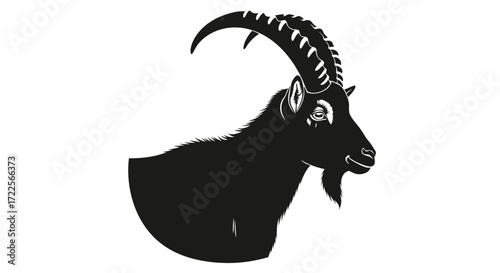Silhouette of a majestic ibex with large curved horns.