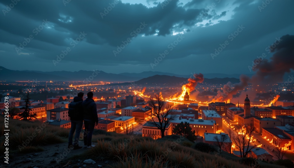 Obraz premium We see two individuals standing atop a hill amidst a cityscape. The area below them is engulfed in flames, with buildings ablaze and fire consuming structures in the background