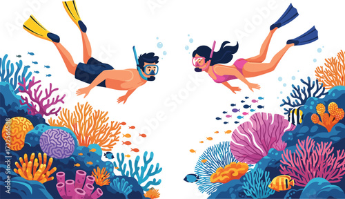 Man and woman snorkeling underwater, exploring coral reef, tropical fish, scuba diving adventure, marine life, summer vacation ocean illustration