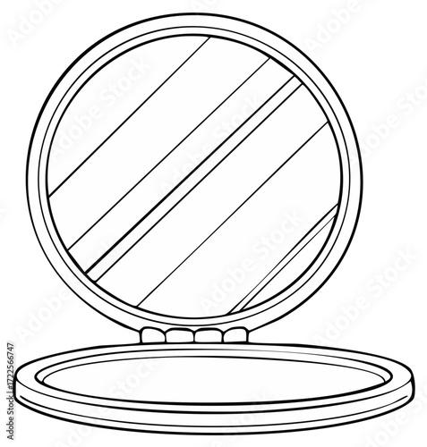 Simple line drawing of a round compact mirror used for applying makeup, for beauty and grooming purposes, isolated on white.