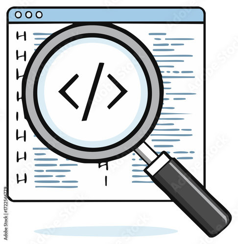 Cartoon Browser Window with Magnifying Glass and Coding Symbols Illustrating Source Code Analysis
