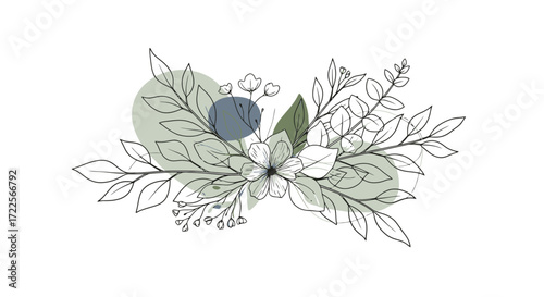 Elegant floral line art composition with soft color accents, ideal for wedding invitations, stationery design, or branding projects requiring a delicate touch.