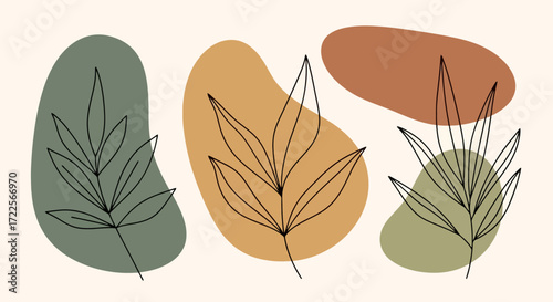 Minimalist Botanical Line Art with Abstract Shapes in Earth Tones for Interior Design, Wall Art, and Creative Project Enhancement