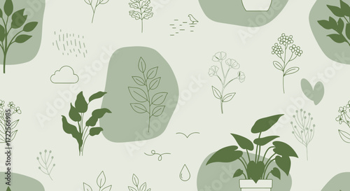 Elegant botanical pattern featuring delicate green leaves, stems, and abstract shapes. Ideal for textile design, wallpaper, packaging, and nature-inspired creative projects