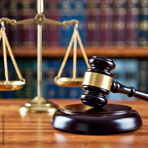 Courtroom justice action legal setting image of scales and gavel professional environment close-up view law concept