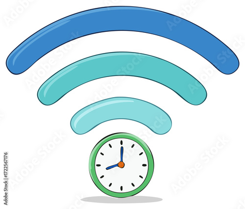 Timed internet connection concept with cartoon Wi-Fi symbol and analog clock illustration