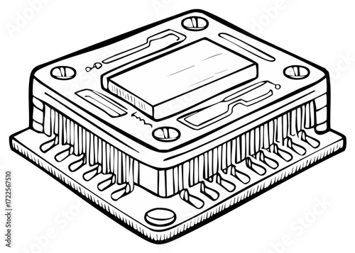 Isometric Outline Illustration of a Computer Processor Unit with Heat Sink