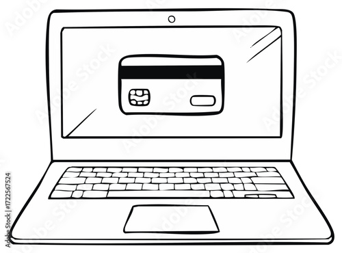 Laptop screen displays a credit card for online shopping and financial transactions.
