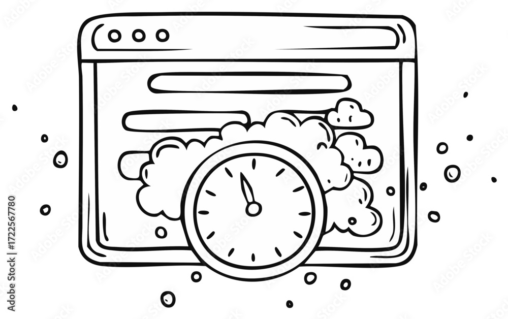 Obraz premium Website Loading Clock with Cloud Doodle Style Icon for Internet Technology