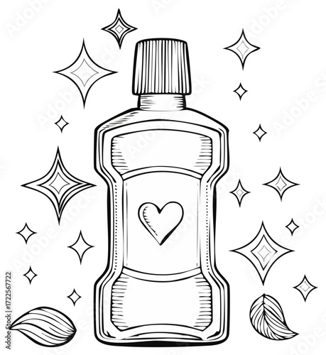 Line drawing of a mouthwash bottle with a heart symbol and sparkling elements