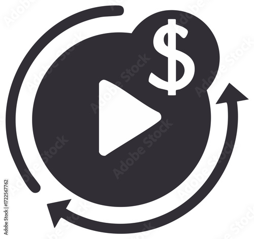 Video Play Button with Dollar Sign and Circular Arrows Representing Revenue Generation