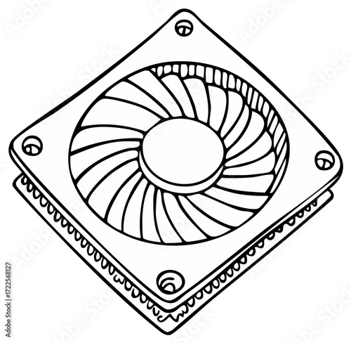 Computer Fan Cooling System Black and White Line Art for Equipment Repair and Design