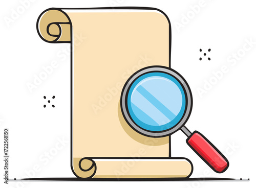 Magnifying glass examining an unrolled scroll document searching for information or evidence