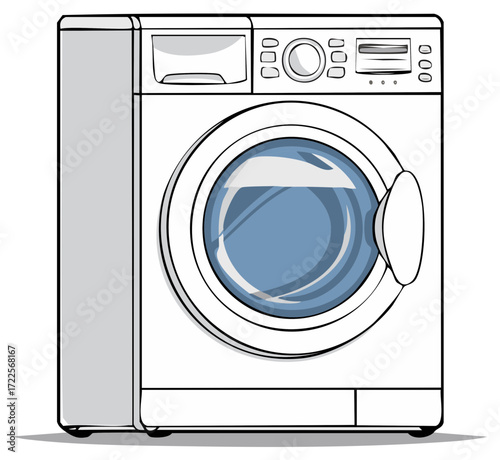 Modern front loading washing machine with round glass door and control panel